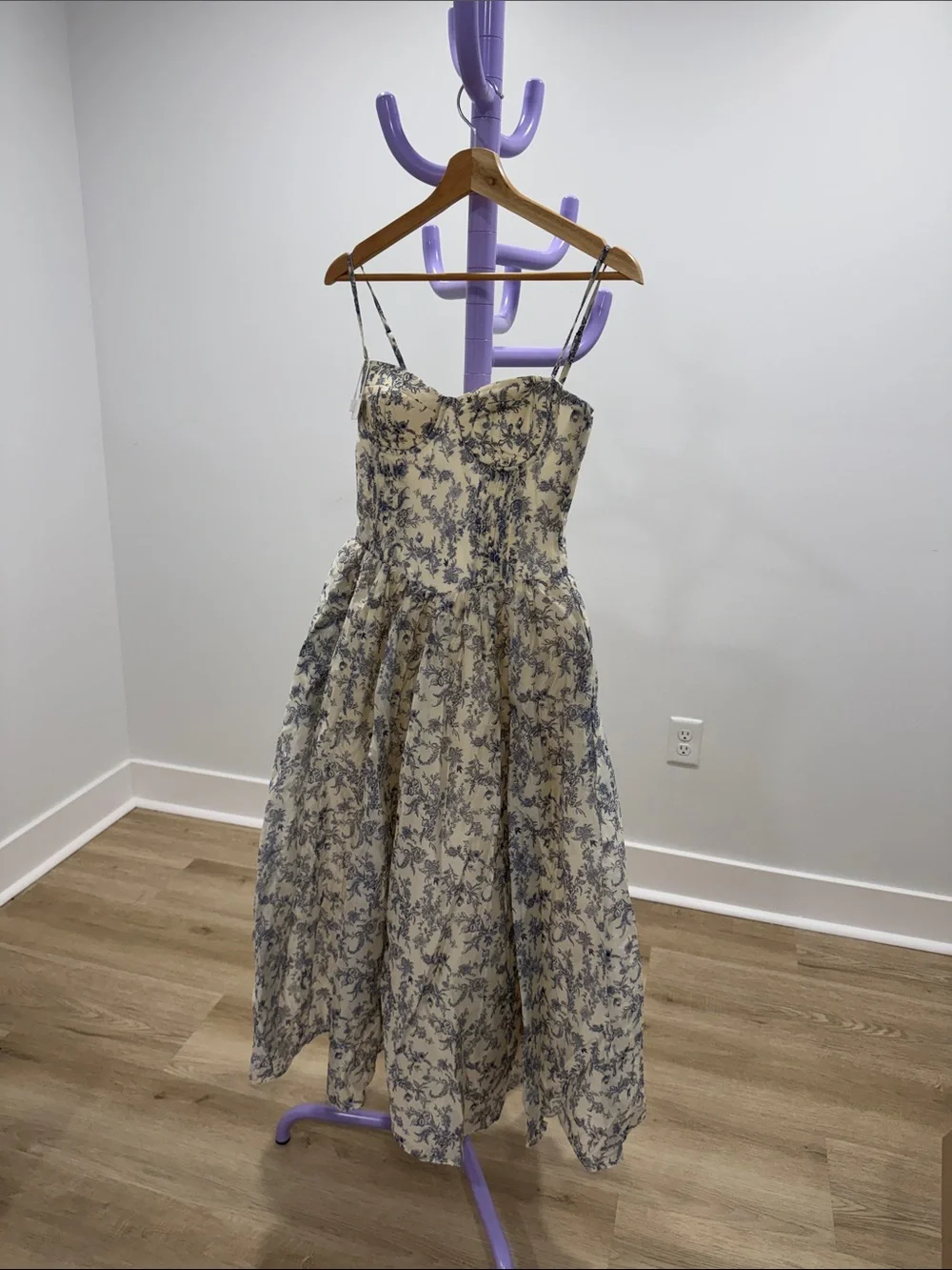 Floral Strapless Midi Dress in Cream and Blue